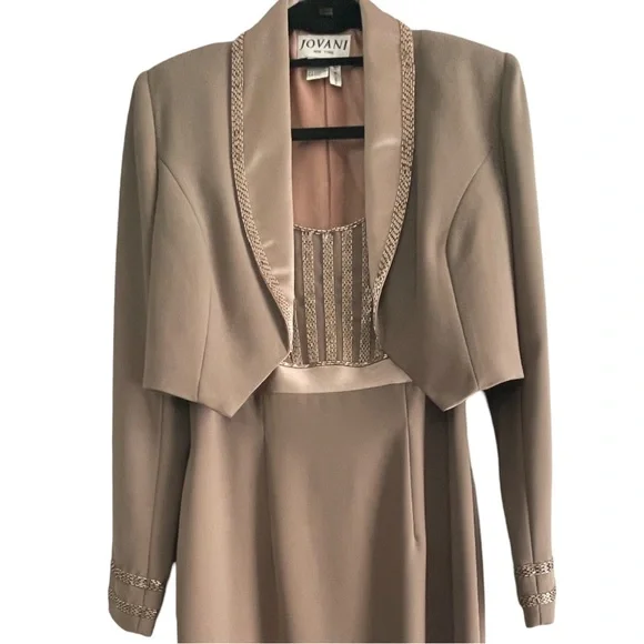 Jovani Tan & Gold Dress and Jacket Set With Beaded Embellishments Size 8 - Picture 3 of 10
